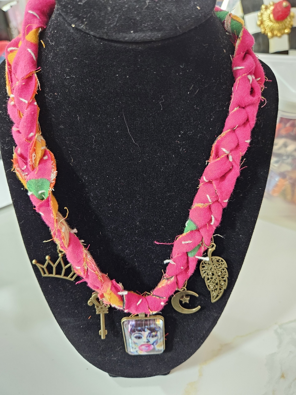 Boho Red Braided Kantha Charm Necklace with Mixed Metal Pendants